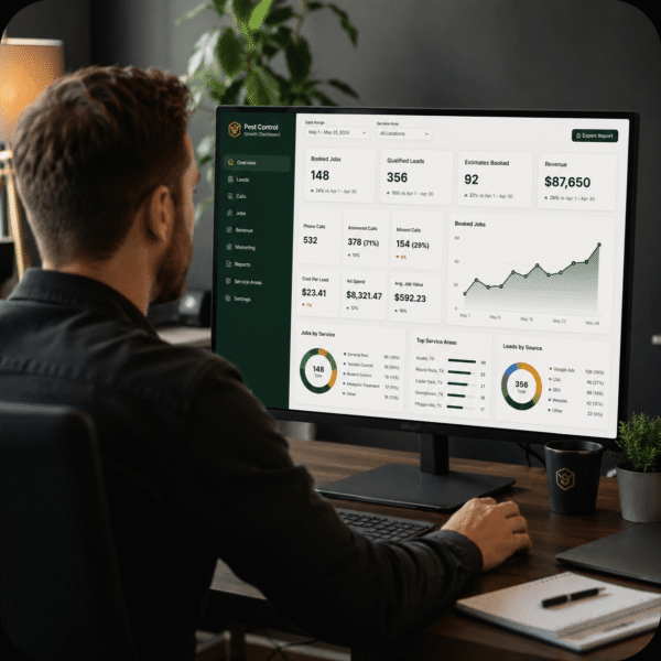 Pest control business owner viewing a marketing dashboard showing booked jobs, qualified leads, and revenue growth